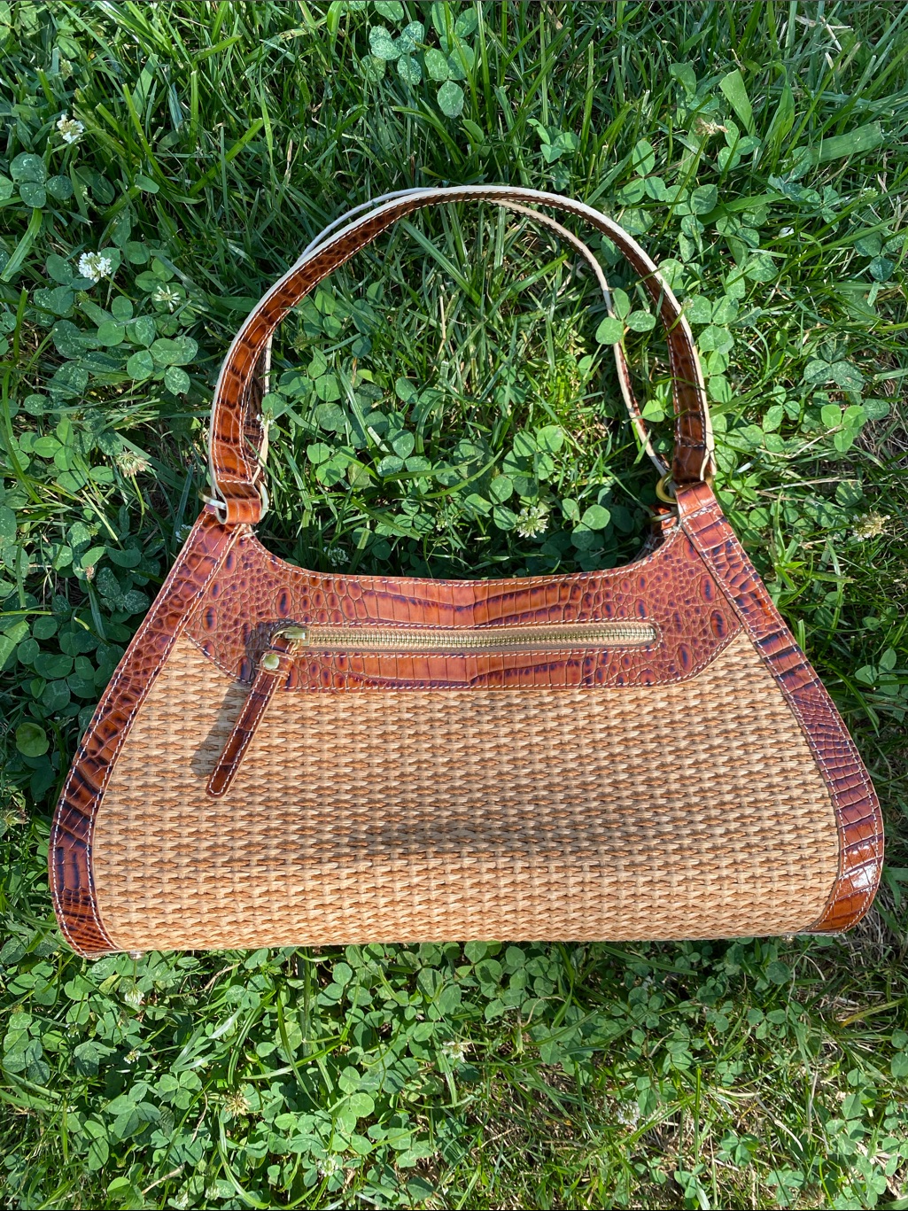 Brahmin Tan Woven Straw Shoulder Bag With Brown Croc Trim